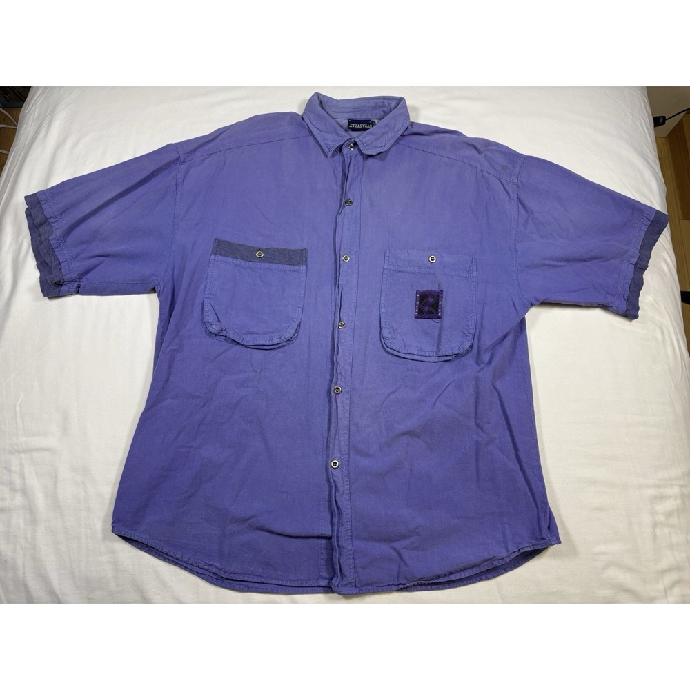 VTG 90s Gitano Geometric Method Utility Button Shirt Mens L Purple Colorblock